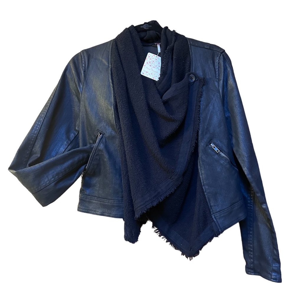 🆕 Free People Waterfall Open Denim Motto Jacket w/ Knit Collar Black Sz 2 NWT